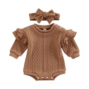 infant baby girls boys romper solid color knitted round neck long fly sleeve jumpsuits with headband (coffee, 0-6 months)