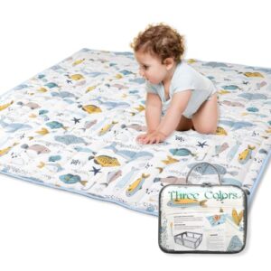three colors play mat for baby, baby mat for floor, playmat for babies, 50×50 play mat for playpen, soft & skin-friendly cotton fabric, non-slip foldable activity playpen mat (fish)