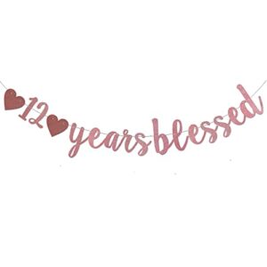 12 years blessed rose gold glitter paper sign banner for boy/girl’s 12th birthday party supplies,pre-strung 12th wedding anniversary party decorations