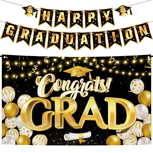 Big, Congrats Grad Banner - 72x44 Inch, Black and Gold Graduation Decorations | Happy Graduation Banner 2022 - No DIY, 10 Feet | Graduation Banner for Class of 2022 Decorations | Class of 2022 Banner