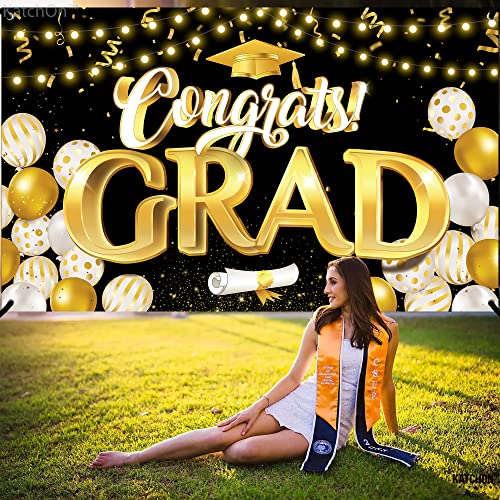 Big, Congrats Grad Banner - 72x44 Inch, Black and Gold Graduation Decorations | Happy Graduation Banner 2022 - No DIY, 10 Feet | Graduation Banner for Class of 2022 Decorations | Class of 2022 Banner