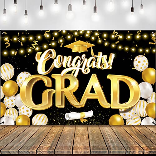 Big, Congrats Grad Banner - 72x44 Inch, Black and Gold Graduation Decorations | Happy Graduation Banner 2022 - No DIY, 10 Feet | Graduation Banner for Class of 2022 Decorations | Class of 2022 Banner