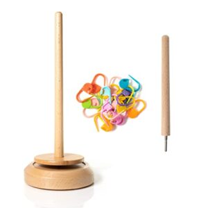 birdtown traders single yarn spindle holder – thread spinner organizer for knitting, crocheting – complete with 20 piece colorful stitch markers