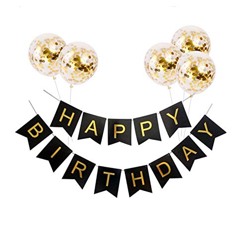 Happy Birthday Banner with Gold Conffetti Balloons Happy Birthday Party Decorations (Black)