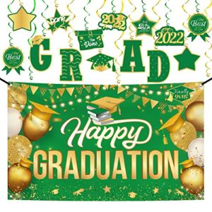 46 pieces, xtralarge graduation hanging decorations – graduation swirls | happy graduation banner green and gold – 72×44 inch | green and gold graduation decorations 2022 | graduation backdrop