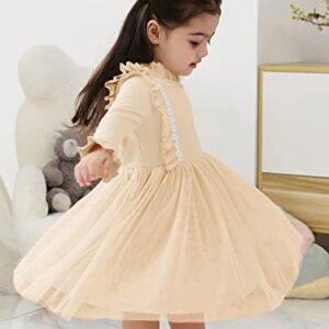Toddler Baby Girls Knit Sweater Floral Tutu Dresses Long Sleeve Princess Fluffy Tulle Dress (Apricot, 4-5T)