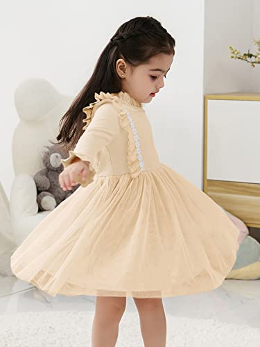 Toddler Baby Girls Knit Sweater Floral Tutu Dresses Long Sleeve Princess Fluffy Tulle Dress (Apricot, 4-5T)