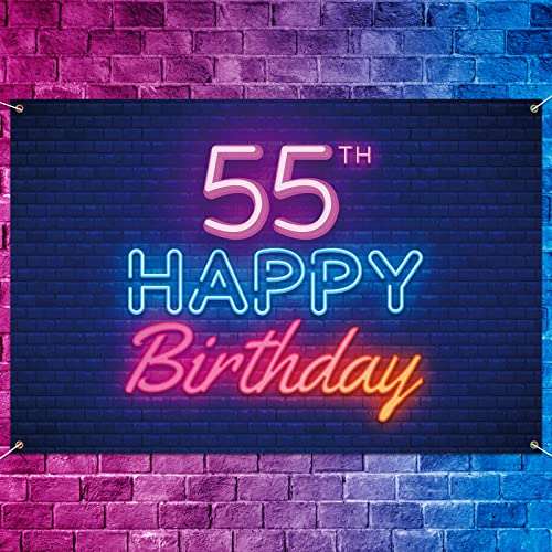 Glow Neon Happy 55th Birthday Backdrop Banner Decor Black – Colorful Glowing 55 Years Old Birthday Party Theme Decorations for Men Women Supplies