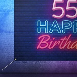 Glow Neon Happy 55th Birthday Backdrop Banner Decor Black – Colorful Glowing 55 Years Old Birthday Party Theme Decorations for Men Women Supplies