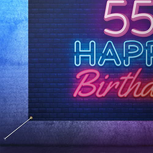 Glow Neon Happy 55th Birthday Backdrop Banner Decor Black – Colorful Glowing 55 Years Old Birthday Party Theme Decorations for Men Women Supplies