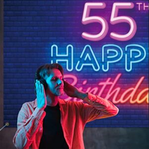 Glow Neon Happy 55th Birthday Backdrop Banner Decor Black – Colorful Glowing 55 Years Old Birthday Party Theme Decorations for Men Women Supplies