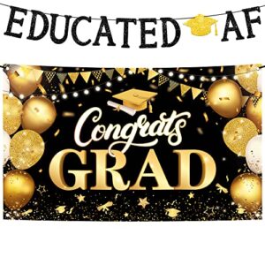 XtraLarge, Congrats Grad Banner - 72x44 Inch | Glitter Gold Educated AF Banner - 10 Feet No DIY | Graduation Banner for Graduation Party Decorations 2022 | Class of 2022 Educated AF Decorations