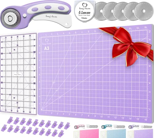 Rotary Cutter Set pink - Quilting Kit incl. 45mm Fabric Cutter, 5 Replacement Blades, A3 Cutting Mat, Acrylic Ruler and Craft Clips - Ideal for Crafting, Sewing, Patchworking, Crochet & Knitting