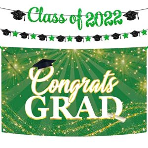 big, congrats grad banner green – 72×44 inch | green glitter class of 2022 banner – no diy, 10 feet | graduation banner for class of 2022 decorations | graduation decorations 2022 green and black