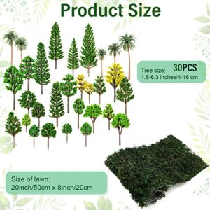 Canlierr 30 Pcs Mixed Model Trees 1.6-6.3 Inch Ho Scale Bushes with 20 x 8 Dried Moss Table Runner Diorama Supplies Miniature Plastic for Train Scenery, DIY Crafts, Building