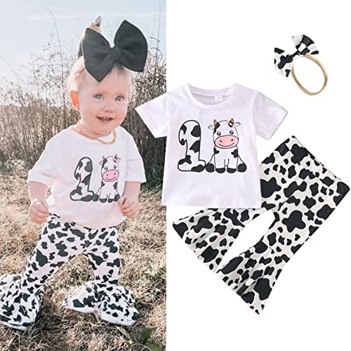 Cute Toddler Girls Short Sleeve Top&Trousers Cartoon Cow Printed Suit for Baby Kids (White, 18-24 Months)