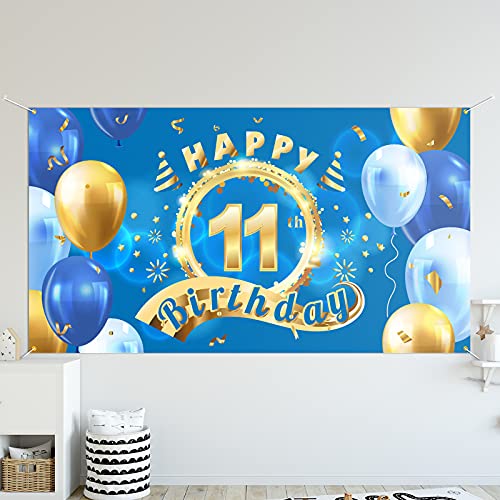 5665 Happy 11th Birthday Backdrop Banner Decor Blue – Cheers to 11 Years Old Party Theme Decorations for Boys Girls Supplies