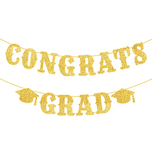 Gold Glitter, Congrats Grad Banner 2022 - No DIY, 10 Feet | 45 Pieces, Graduation Hanging Swirls Decorations - No DIY | Gold Graduation Party Decorations 2022 | Graduation Hanging Decorations 2022