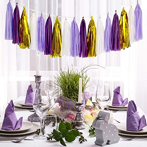 ANSOMO Purple Tissue Paper Tassel Garland Party Banner - 20 PCS (Purple/Lavender/White/Gold)