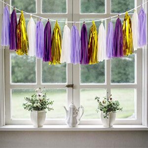 ANSOMO Purple Tissue Paper Tassel Garland Party Banner - 20 PCS (Purple/Lavender/White/Gold)