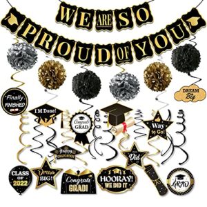 black and gold graduation party decorations 2022 – we are so proud of you banner, no diy | graduation swirls, black and gold graduation decorations 2022 | class of 2022 congratulations decorations