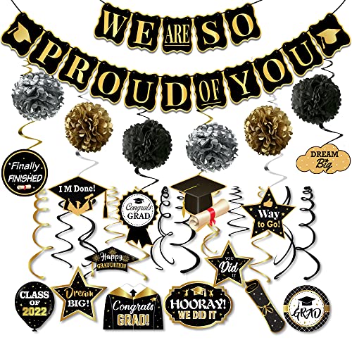 Black and Gold Graduation Party Decorations 2022 - We Are So Proud Of You Banner, NO DIY | Graduation Swirls, Black and Gold Graduation Decorations 2022 | Class of 2022 Congratulations Decorations