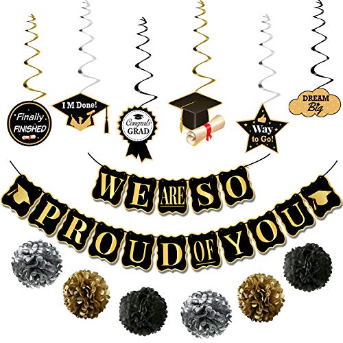 Black and Gold Graduation Party Decorations 2022 - We Are So Proud Of You Banner, NO DIY | Graduation Swirls, Black and Gold Graduation Decorations 2022 | Class of 2022 Congratulations Decorations