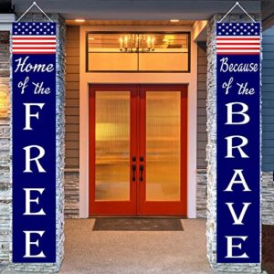 4th of july patriotic decorations porch sign banners, home of the free because of the brave hanging flag decor with stars and stripes for memorial independence veterans day yard indoor outdoor