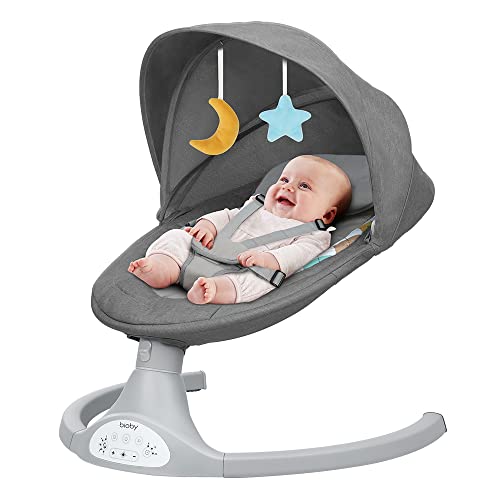 Bioby Baby Swing for Infants with 5 Natural Sway Speeds,Bluetooth Music Baby Bouncer with Remote Control&5-Point Harness, Lightweight Baby Rocker for 5-20 Lb,0-10 Months（Grey）