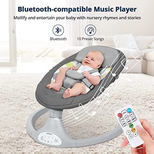 Bioby Baby Swing for Infants with 5 Natural Sway Speeds,Bluetooth Music Baby Bouncer with Remote Control&5-Point Harness, Lightweight Baby Rocker for 5-20 Lb,0-10 Months（Grey）