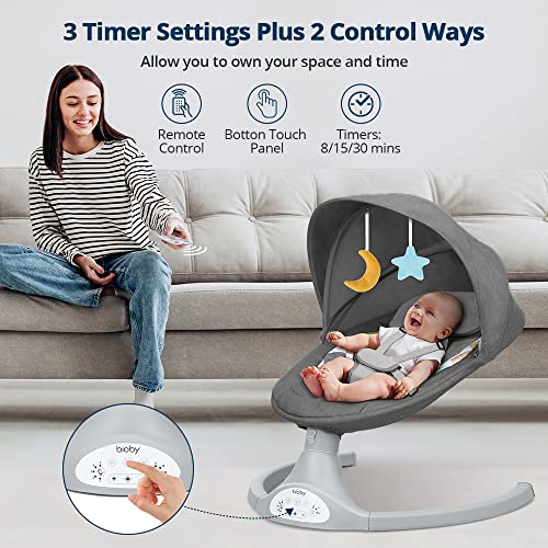 Bioby Baby Swing for Infants with 5 Natural Sway Speeds,Bluetooth Music Baby Bouncer with Remote Control&5-Point Harness, Lightweight Baby Rocker for 5-20 Lb,0-10 Months（Grey）