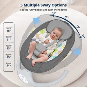 Bioby Baby Swing for Infants with 5 Natural Sway Speeds,Bluetooth Music Baby Bouncer with Remote Control&5-Point Harness, Lightweight Baby Rocker for 5-20 Lb,0-10 Months（Grey）