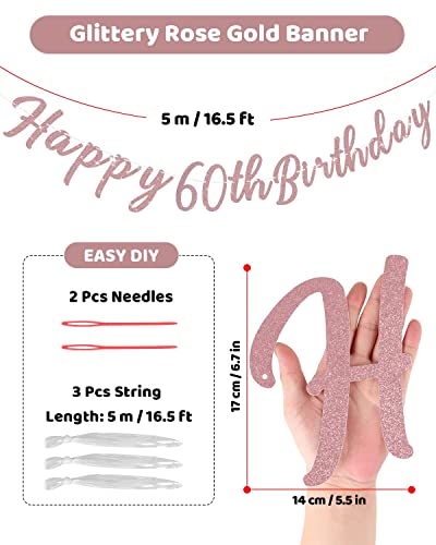 TopBashGo 102 Pcs Personalized Happy 60th Birthday Banner with Custom Name in Rose Gold Script, Bday Party Decorations Supplies Reusable Signs for Women