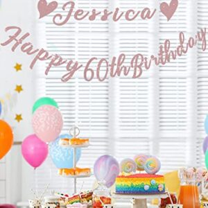 TopBashGo 102 Pcs Personalized Happy 60th Birthday Banner with Custom Name in Rose Gold Script, Bday Party Decorations Supplies Reusable Signs for Women