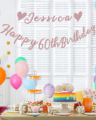 TopBashGo 102 Pcs Personalized Happy 60th Birthday Banner with Custom Name in Rose Gold Script, Bday Party Decorations Supplies Reusable Signs for Women