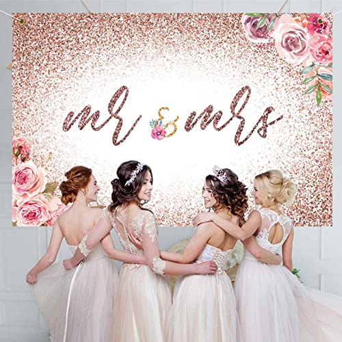 P.G Collin Mr & Mrs Floral Glitter Banner Backdrop Sign Bridal Wedding Shower Engagement Bachelorette Party Anniversary Decorations Supplies 6x4ft Rose Gold…, Rose Gold Mrs&Mrs