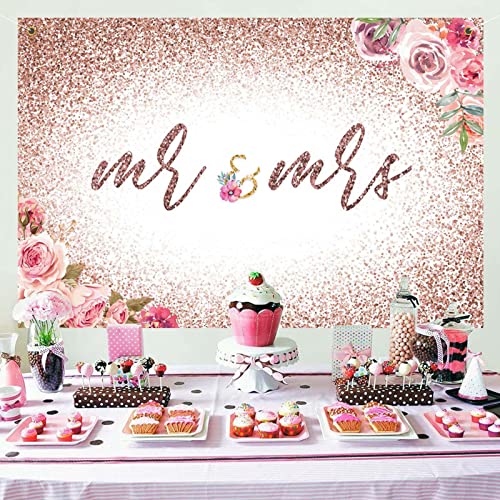 P.G Collin Mr & Mrs Floral Glitter Banner Backdrop Sign Bridal Wedding Shower Engagement Bachelorette Party Anniversary Decorations Supplies 6x4ft Rose Gold…, Rose Gold Mrs&Mrs