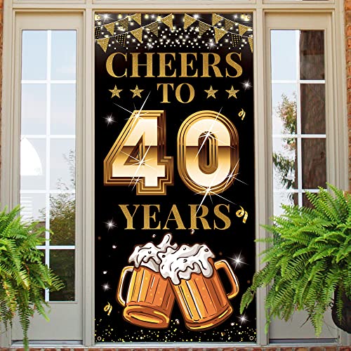 40th Birthday Decorations for Men Women, Cheers to 40 Years Door Banner, Black Gold 40th Anniversary, 40 Year Class Reunion Party Decoration Backdrop Yard Sign for Outdoor Indoor, Fabric, Vicycaty