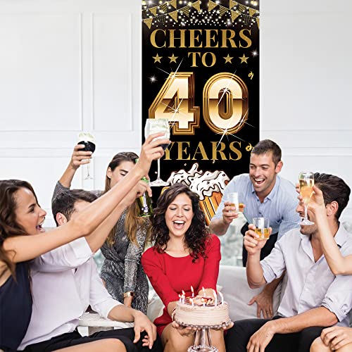 40th Birthday Decorations for Men Women, Cheers to 40 Years Door Banner, Black Gold 40th Anniversary, 40 Year Class Reunion Party Decoration Backdrop Yard Sign for Outdoor Indoor, Fabric, Vicycaty