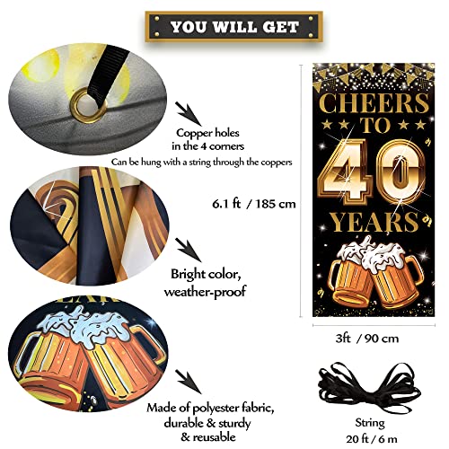 40th Birthday Decorations for Men Women, Cheers to 40 Years Door Banner, Black Gold 40th Anniversary, 40 Year Class Reunion Party Decoration Backdrop Yard Sign for Outdoor Indoor, Fabric, Vicycaty