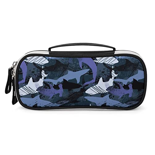 Sea Camouflage Sharks PU Leather Pencil Pen Case Organizer Travel Makeup Handbag Portable Stationery Bag