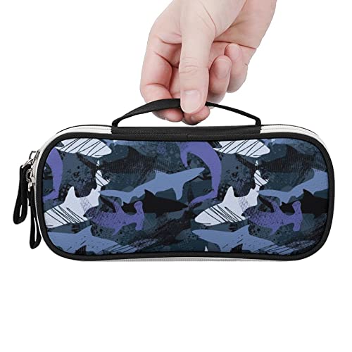 Sea Camouflage Sharks PU Leather Pencil Pen Case Organizer Travel Makeup Handbag Portable Stationery Bag