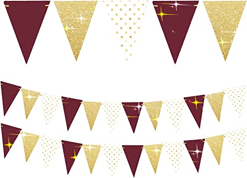 Graduation Party Decorations 2023 Maroon Gold/Birthday Party Decorations for Women Burgundy Gold Polka Dot/2pcs Triangle Bunting Banners for Burgundy Gold Birthday Party/Rustic Wedding Decorations