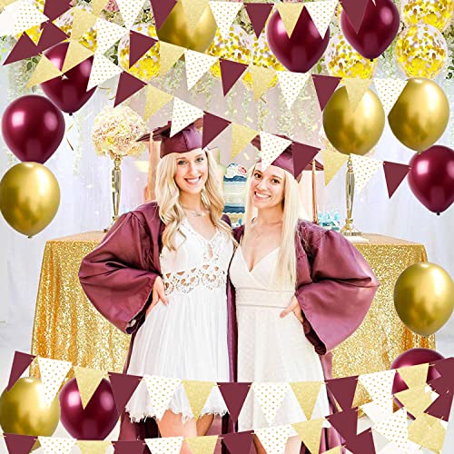 Graduation Party Decorations 2023 Maroon Gold/Birthday Party Decorations for Women Burgundy Gold Polka Dot/2pcs Triangle Bunting Banners for Burgundy Gold Birthday Party/Rustic Wedding Decorations