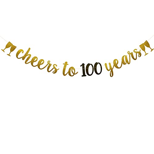 Cheers to 100 Years Banner,Pre-Strung,Gold and Black Glitter Paper Party Decorations for 100th Wedding Anniversary 100 Years Old 100TH Birthday Party Supplies Letters Black and Gold Betteryanzi