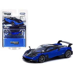 pagani huayra bc blue francia metallic and black with stripes and blue interior global64 series 1/64 diecast model car by tarmac works t64g-tl014-bl
