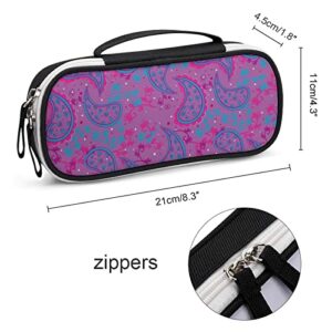 Blue and Pink Paisley Pattern PU Leather Pencil Pen Case Organizer Travel Makeup Handbag Portable Stationery Bag