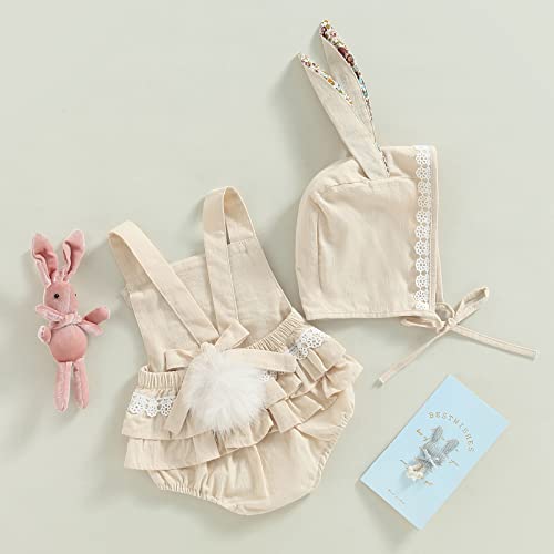 COORALLY Baby Girls Easter Outfit Sleeveless Romper/Dress Bunny Ear Sister Mathing Clothes with Tail (A-Light Khaki, 12-18 Months)