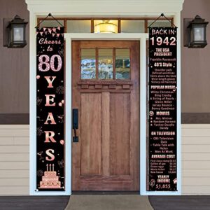 pimvimcim 80th birthday door banner backdrop decorations for women, rose gold cheers to 80 years back in 1942 party banner supplies, happy 80 year old birthday door porch sign décor, black