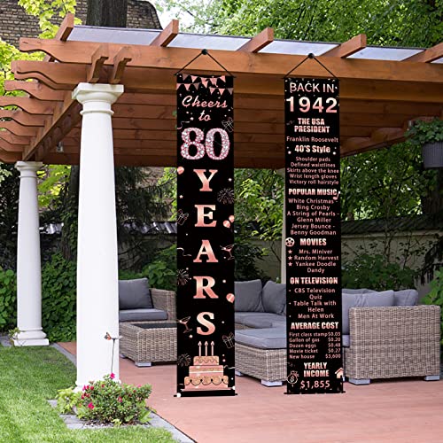 Pimvimcim 80th Birthday Door Banner Backdrop Decorations for Women, Rose Gold Cheers to 80 Years Back in 1942 Party Banner Supplies, Happy 80 Year Old Birthday Door Porch Sign Décor, Black